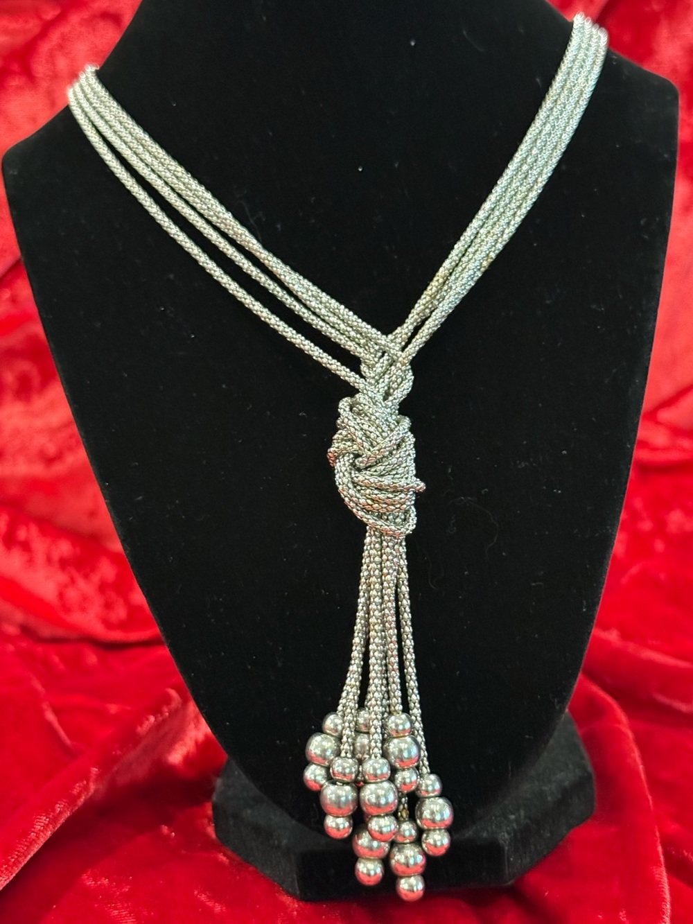 Vintage Silver-Tone Multi-Strand Mesh Lariat Tassel Knot Necklace